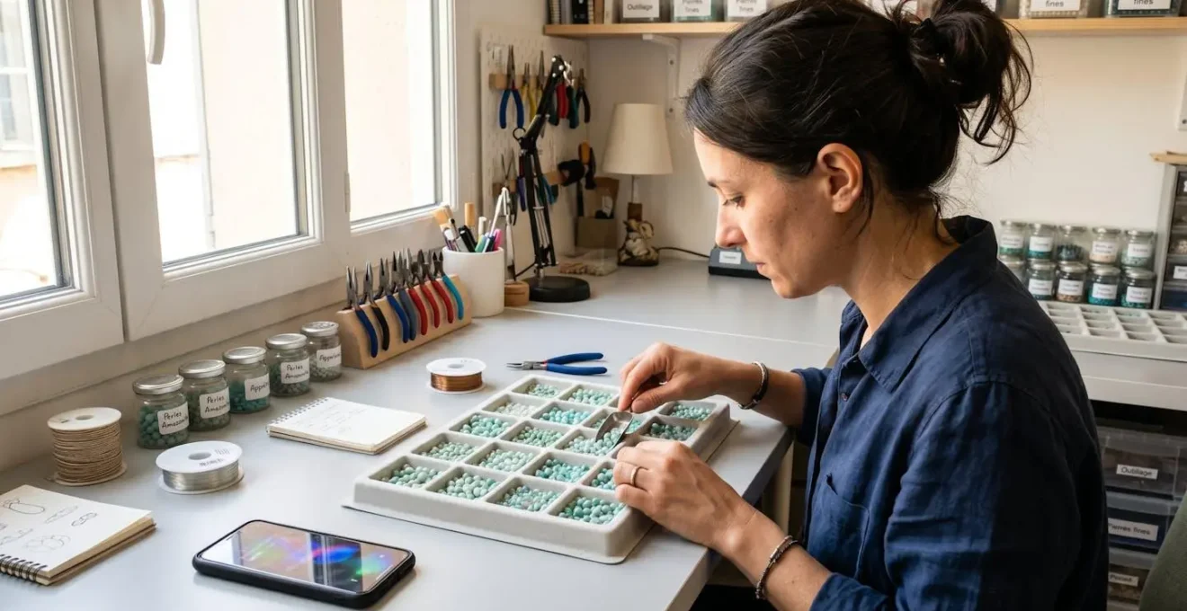 Vue de dos d'une créatrice de bijoux artisanaux examinant minutieusement des perles fines étalées sur un plateau de tri professionnel dans son atelier lumineux