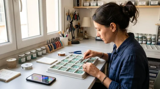Vue de dos d'une créatrice de bijoux artisanaux examinant minutieusement des perles fines étalées sur un plateau de tri professionnel dans son atelier lumineux