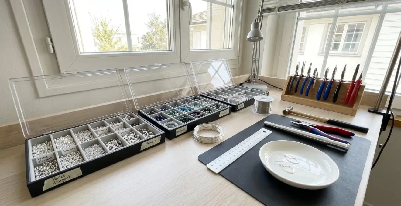 Vue grand angle d'un établi d'atelier de bijouterie contemporain avec plateaux de tri professionnels et outils disposés sous une lumière naturelle abondante provenant d'une grande fenêtre